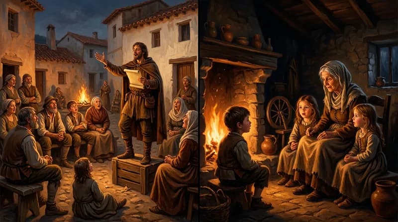 Abuela recita un romance a sus nietos junto al fuego en un hogar medieval