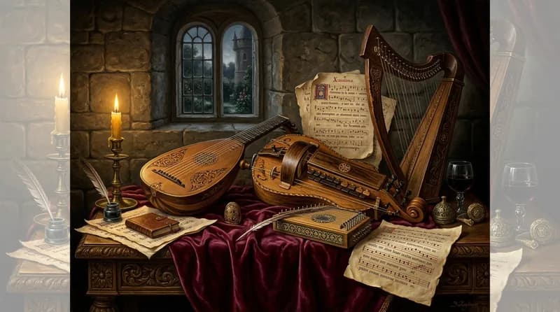 Bodegón con instrumentos de cuerda medievales: laúd, zanfona, arpa y salterio