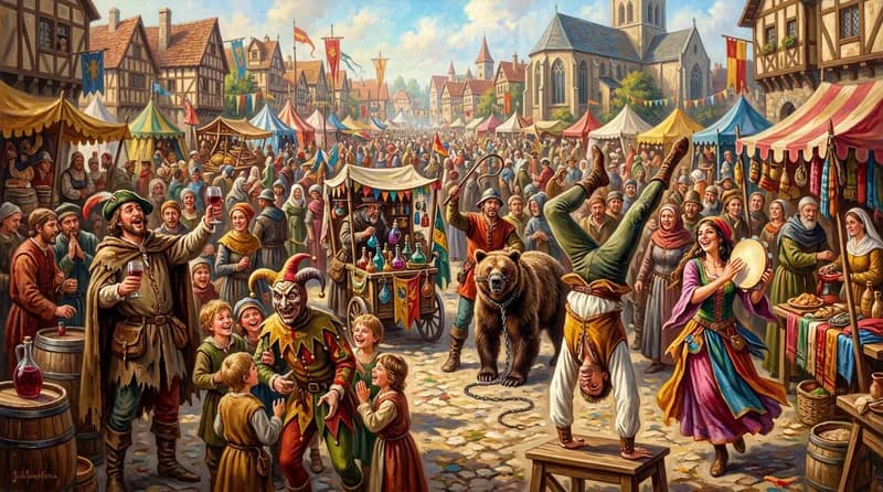 Feria medieval con diferentes tipos de juglares: acróbatas, domadores y juglaresas