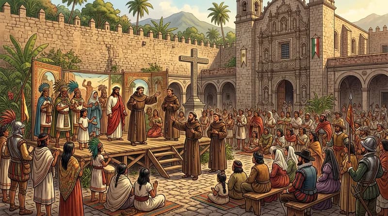 Frailes franciscanos representan teatro de evangelización en la Nueva España