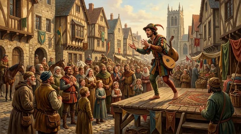 Juglar actúa en una plaza medieval europea ante una multitud