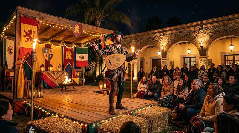 Juglar actúa en una feria medieval moderna en México de noche