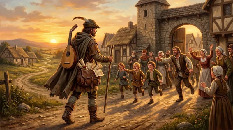 Juglar medieval llega a una aldea con noticias al atardecer