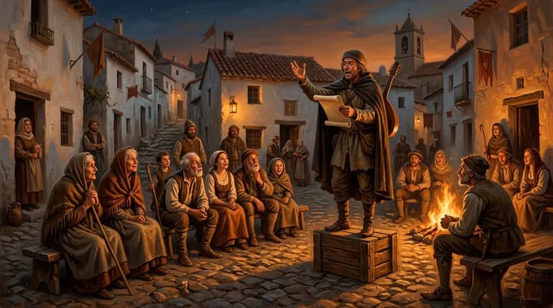Juglar recita un romance al atardecer en la plaza de un pueblo ibérico