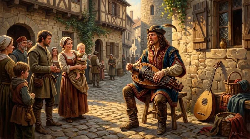 Juglar toca la zanfona en un patio medieval ante un grupo de aldeanos