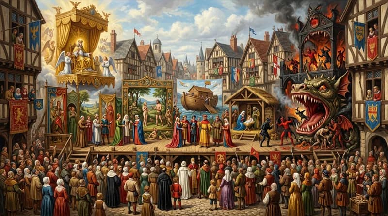 Representación de un misterio medieval con mansiones escénicas en una plaza