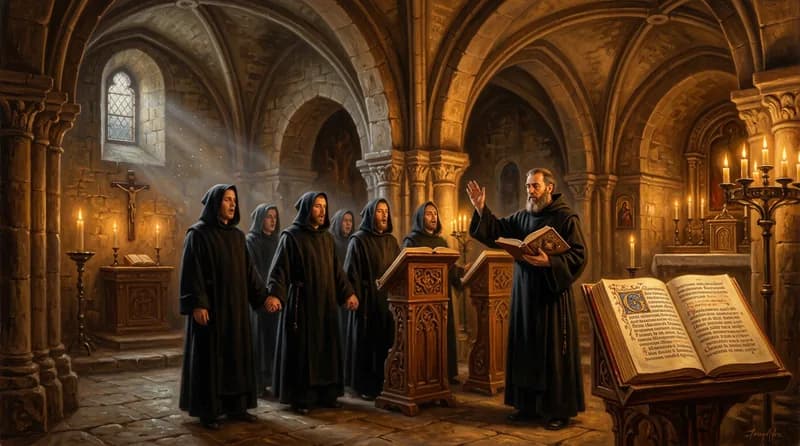 Monjes benedictinos cantan canto gregoriano en un monasterio medieval