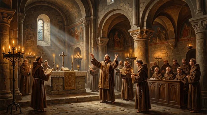 Monjes representan un drama litúrgico en una iglesia románica medieval