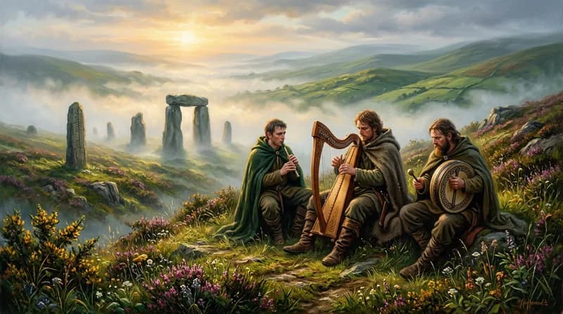 Músicos celtas medievales tocan en una colina brumosa al amanecer