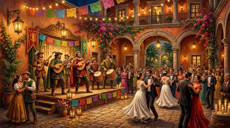 Músicos medievales tocan en la celebración de una boda en una hacienda mexicana de noche