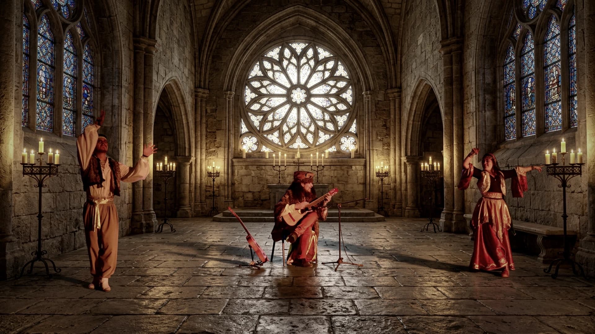 Escena completa con tres artistas