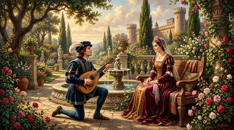 Trovador da serenata con laúd en el jardín de un castillo medieval